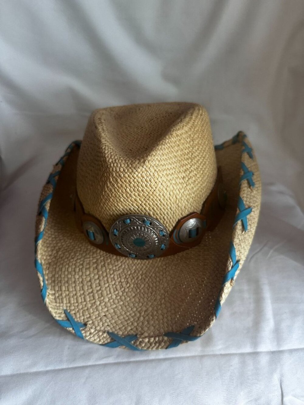 BULLHIDE Delmar Straw Cowboy Hat Rodeo Leather & Faux Turquoise Buckle  Medium